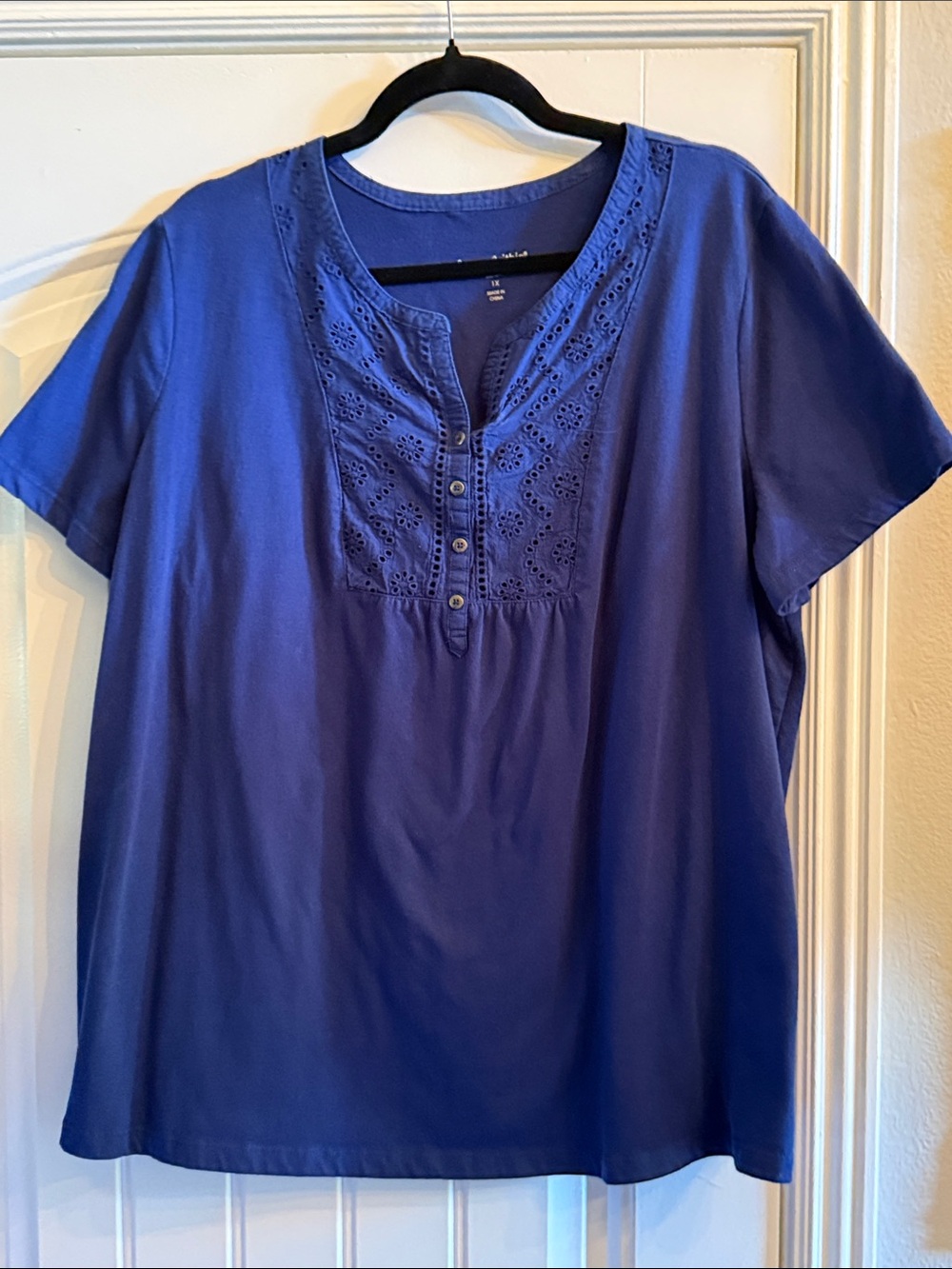 Woman Within Royal Blue Short-Sleeve Eyelet Henley Tunic